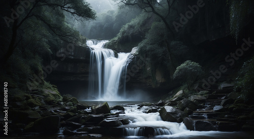 A quint waterfall in the night, cascading down with a gentle roar. The moonlight casts a silver glow on the water, revealing intricate details of each droplet - AI Generative
