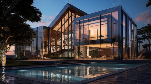 Architectural Elegance: A hyper-realistic rendering of a modern architectural marvel, emphasizing sleek lines, glass facades, and structural intricacies