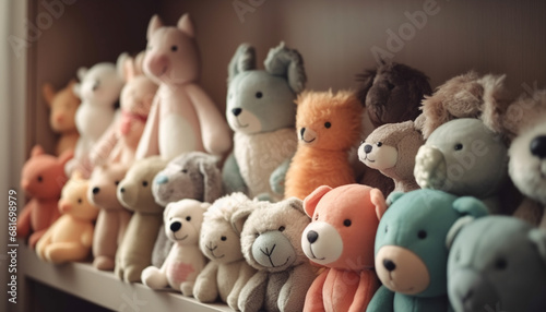 Multi colored stuffed toy collection brings childhood joy indoors during winter generated by AI