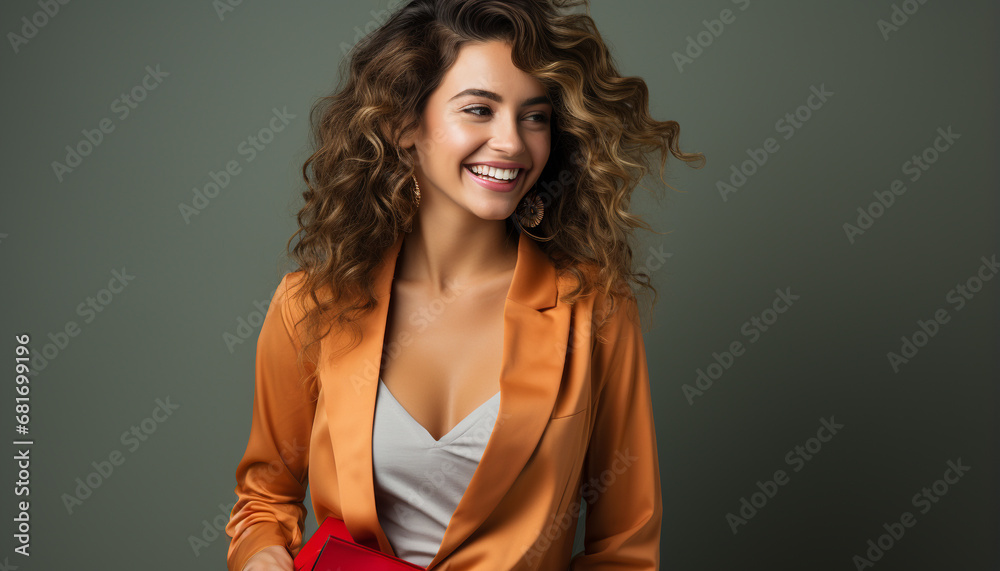 Naklejka premium Beautiful woman with long blond hair looking confidently at camera generated by AI