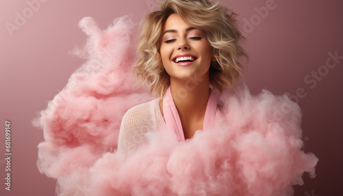 Smiling young woman with curly blond hair, fashionable and cute generated by AI