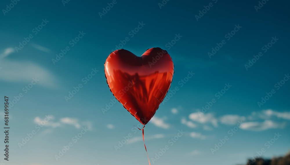 Fototapeta premium Love symbol flying in blue sky, celebrating romance and emotion generated by AI