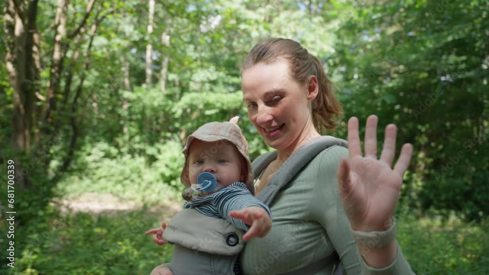 Smiling Mother And Baby Wave At Camera On Farm Smiling Mother And Baby Wave At Camera On Farm