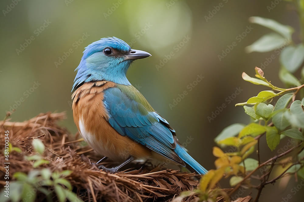 A rare blue bird perched on a tree branch, its vibrant feathers shimmering in the sunlight as it gazes at the colorful leaves surrounding it - AI Generative