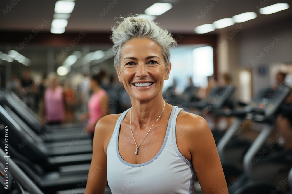 Happy elderly woman enjoying fitness training at the gym for a healthy lifestyle