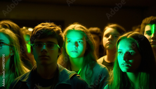 Young adults clubbing, enjoying popular music concert, illuminated stage lighting generated by AI