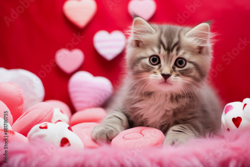 Adorable fluffy kitten on a red background with pink hearts, surrounded by plush toys—an expression of love for pets. An idea for a card, invitation, or advertisement for Valentine's Day