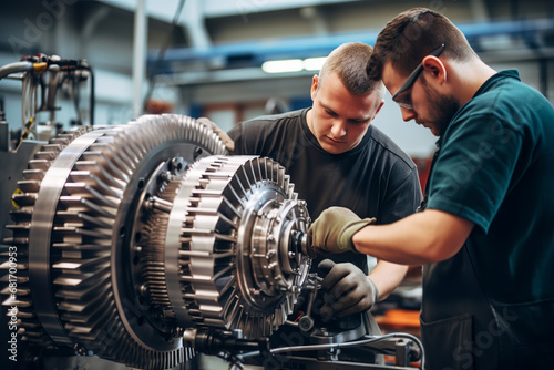 Workers work together on a new type of gas turbine engine photo