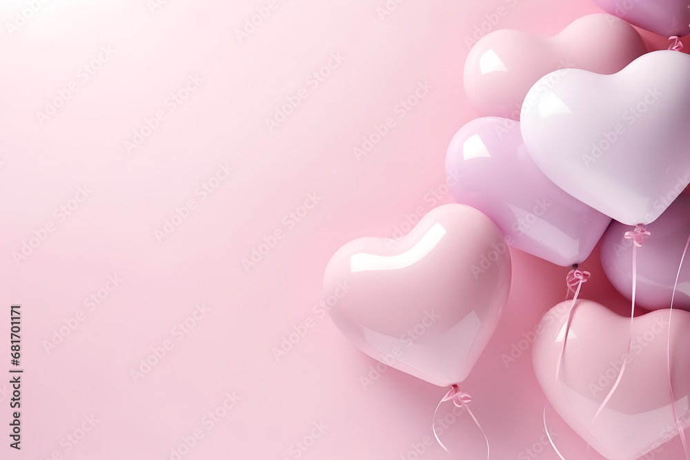 Many pink heart balloons on empty background. AI generative