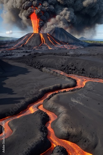 Scenic view of Volcanic valley with lava streams