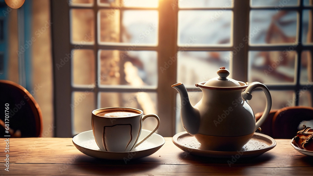 Uma xícara com café e um bule de louça sobre uma mesa ao lado da janela de bistrô muito aconchegante. - obrazy, fototapety, plakaty 