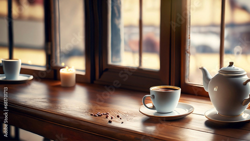 Um bule e uma xícara de louça com café sobre a mesa. Uma mesa de café da manhã ao lado de uma janela grande de vidro em um bistrô.  photo