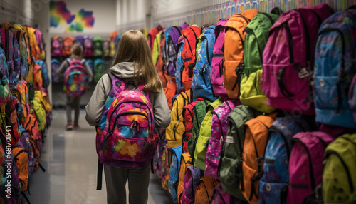 Multi colored backpacks stacked in a retail store for outdoor adventures generated by AI