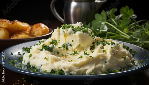 Healthy eating Freshly prepared mashed potatoes with butter and parsley generated by AI
