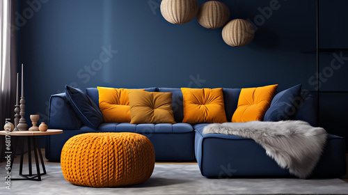 Two knitted poufs near dark blue corner sofa. Scandinavian home interior design of modern living room