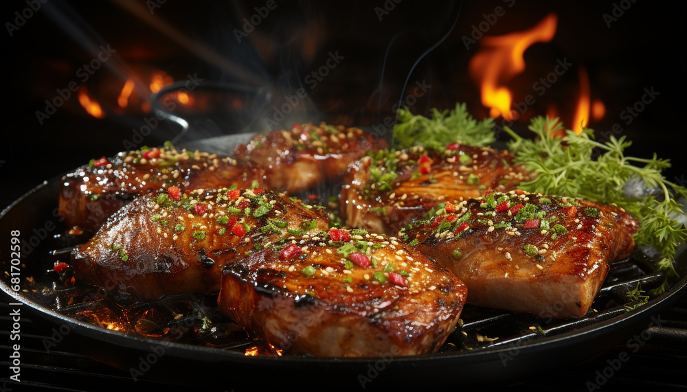 Grilled steak, pork, and chicken fillet on a burning barbecue generated by AI Grilled steak, pork, and chicken fillet on a burning barbecue generated by AI