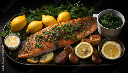 Wallpaper Mural Grilled salmon fillet with lemon, parsley, and healthy vegetables generated by AI Torontodigital.ca