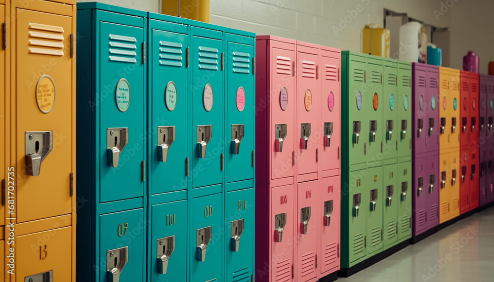 Modern metal lockers in a row, varying colors and patterns generated by AI