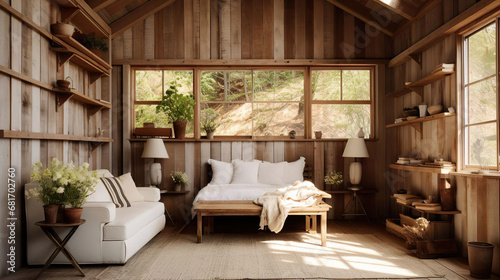 Scandinavian Cabin Interior of Cozy Bedroom - Generative Ai