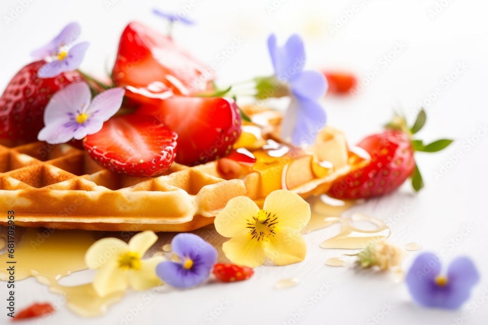 Obraz premium Homemade waffles served with strawberries and honey, decorated with flowers. Generative AI