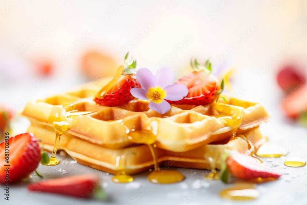 Homemade waffles served with honey, flowers and berries, closeup. Generative AI