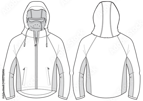Long sleeve Hoodie jacket design flat sketch Illustration, Protection mid layer Hooded jacket with front and back view, winter hoody jacket for Men and women. for hiker, outerwear in winter