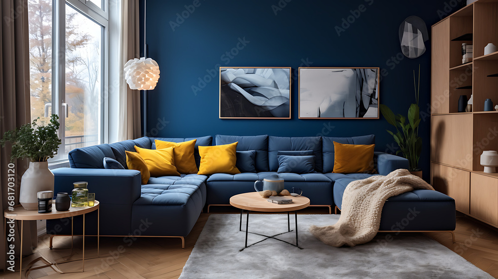 Two knitted poufs near dark blue corner sofa. Scandinavian home interior design of modern living room - obrazy, fototapety, plakaty 