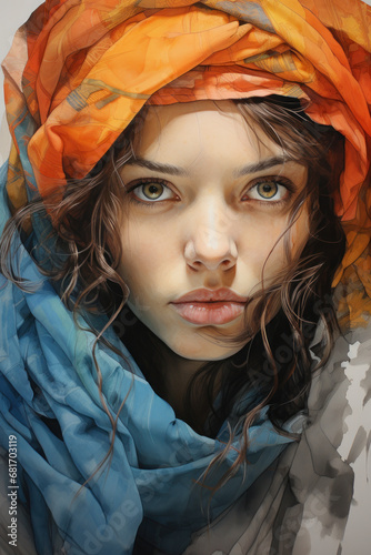 Colorful charcoal sketch female portrait