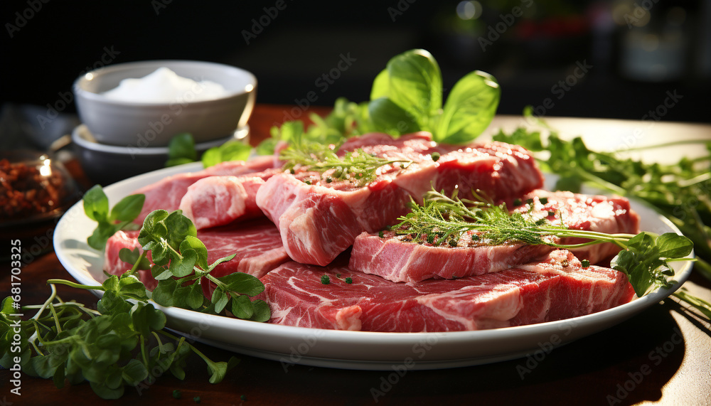 Freshness on plate grilled steak, healthy salad, gourmet appetizer generated by AI