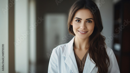Woman or female doctor headshot photograph in a hospital, healthcare worker, woman nurse smiling, registered nurse, medical profession