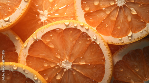 Orange fruit slices with water drops background. AI generative photo