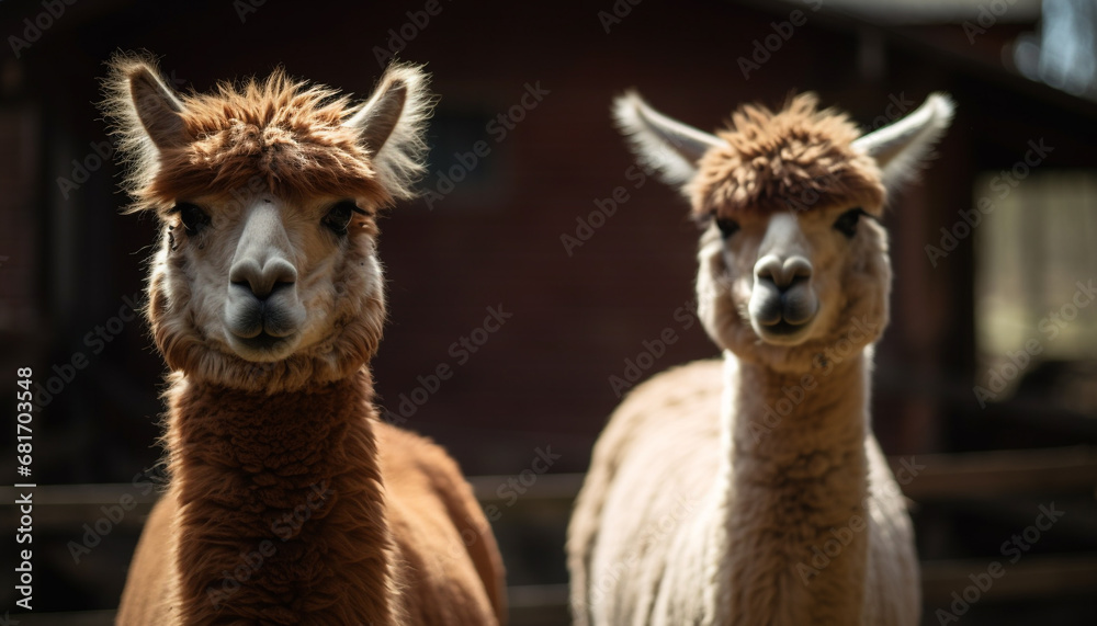 Smiling alpaca and guanaco looking at camera on farm meadow generated by AI