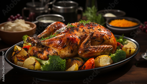 Grilled chicken, roast turkey, homemade meal, healthy eating celebration generated by AI
