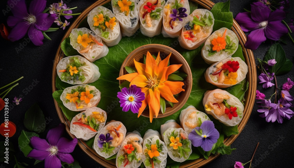 Gourmet dim sum appetizer with seafood and vegetable variation generated by AI