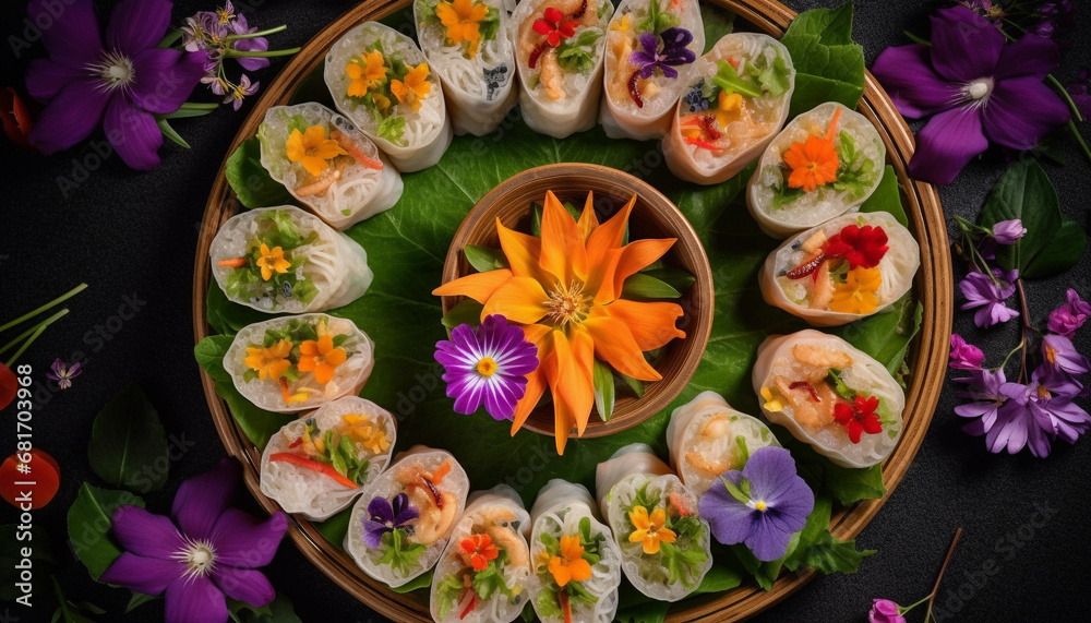 Gourmet dim sum appetizer with seafood and vegetable variation generated by AI Gourmet dim sum appetizer with seafood and vegetable variation generated by AI