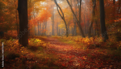 Vibrant autumn forest, mysterious fog, tranquil footpath, spooky wilderness scene generated by AI