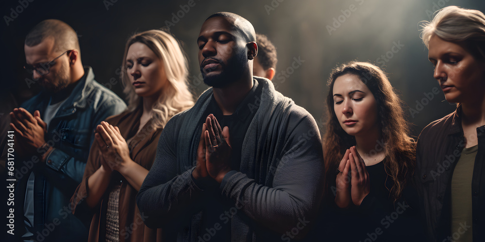 Fototapeta premium Multiethnic people praying for blessings from god. AI generative