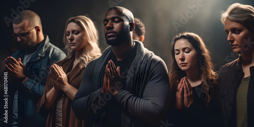 Multiethnic people praying for blessings from god. AI generative