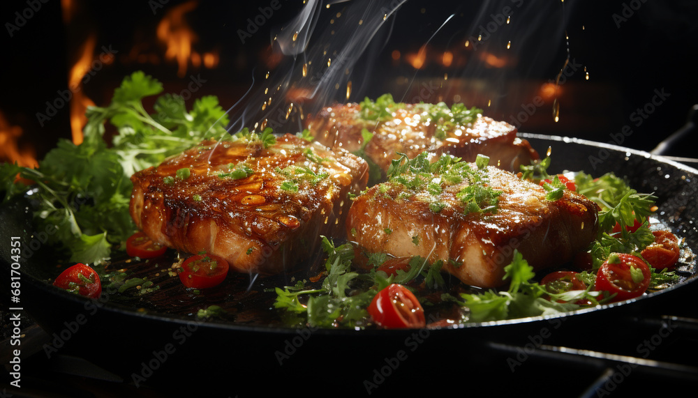 Grilled meat on plate, barbecue flame, fresh vegetables, healthy meal generated by AI Grilled meat on plate, barbecue flame, fresh vegetables, healthy meal generated by AI