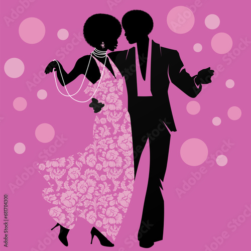 Silhouettes of couple dancing funk, soul or disco music, retro style, isolated on white background.