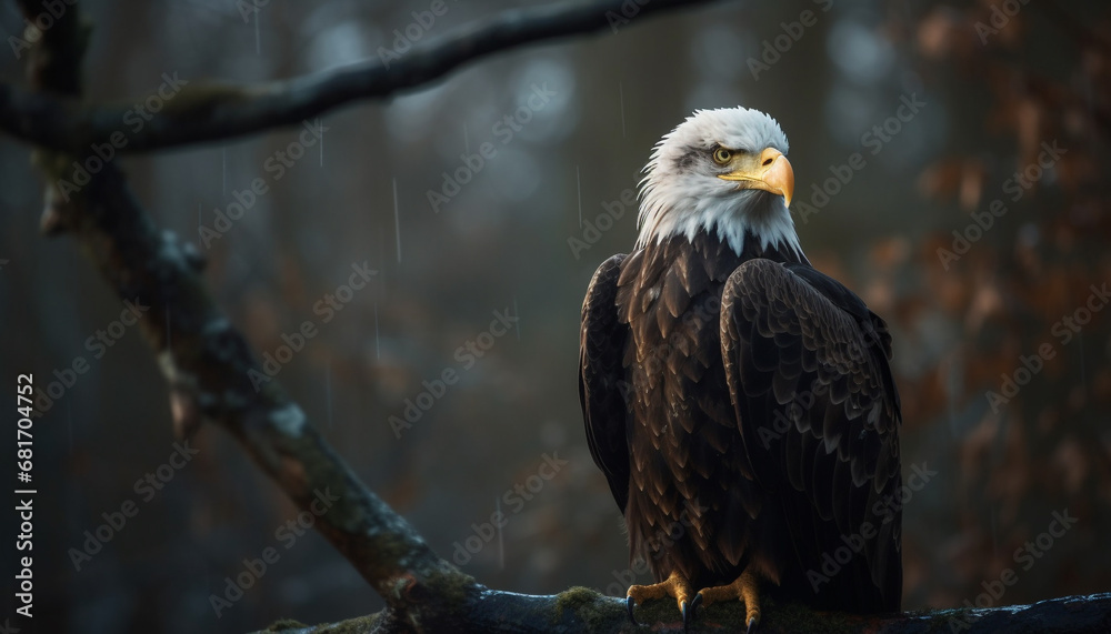 Majestic bald eagle perching on branch, focus on foreground generated by AI Majestic bald eagle perching on branch, focus on foreground generated by AI