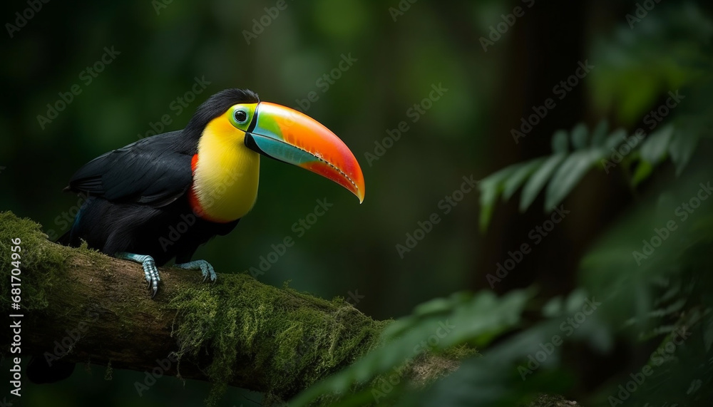 Toucan perching on branch, vibrant colors in tropical rainforest generated by AI Toucan perching on branch, vibrant colors in tropical rainforest generated by AI