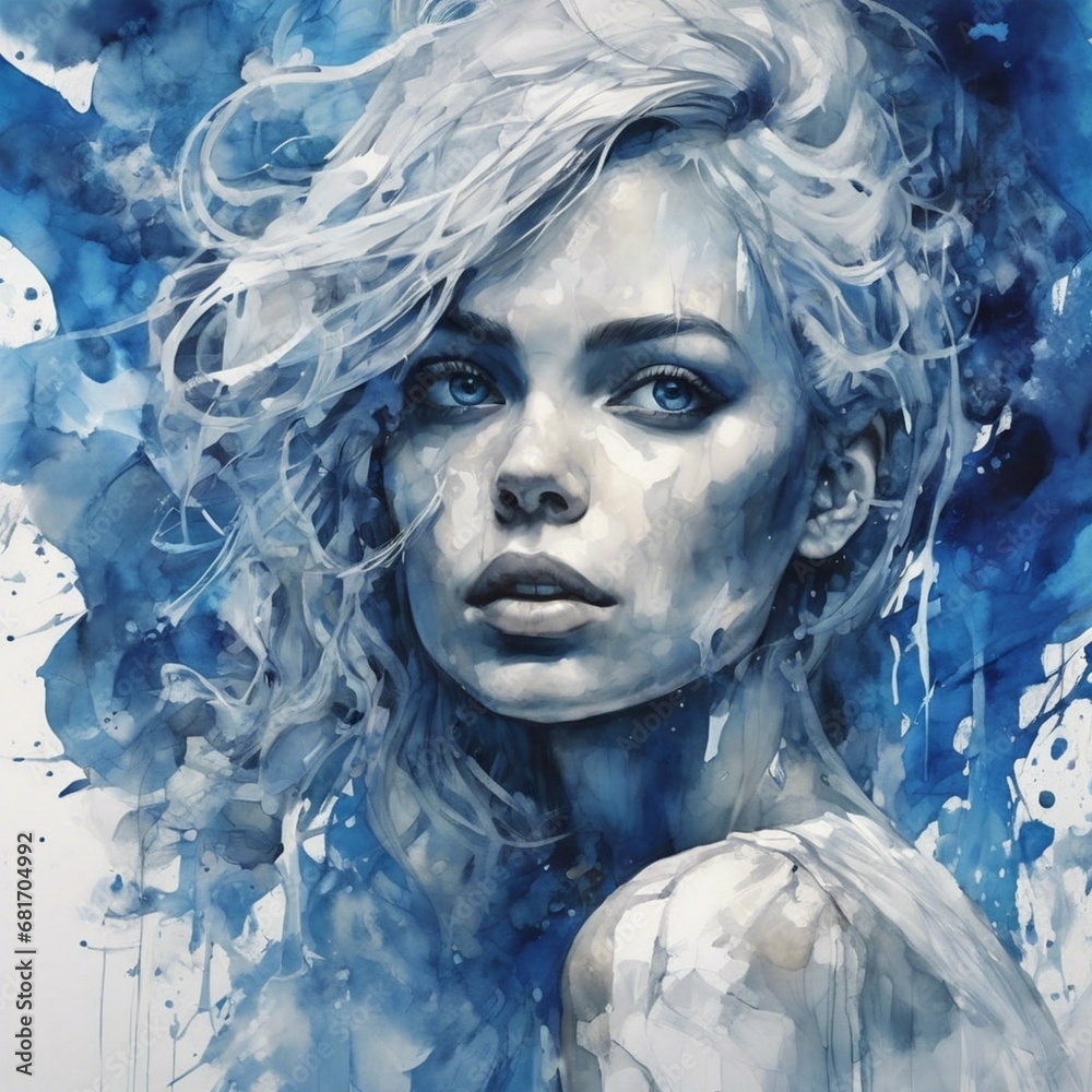 watercolor of  woman portrait, blue and white contemporary art, grunge, intense, stylized, detailed, high resolution