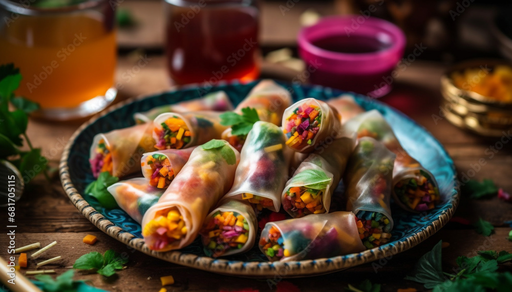 Fresh spring rolls with pork and vegetables, served with sauce generated by AI