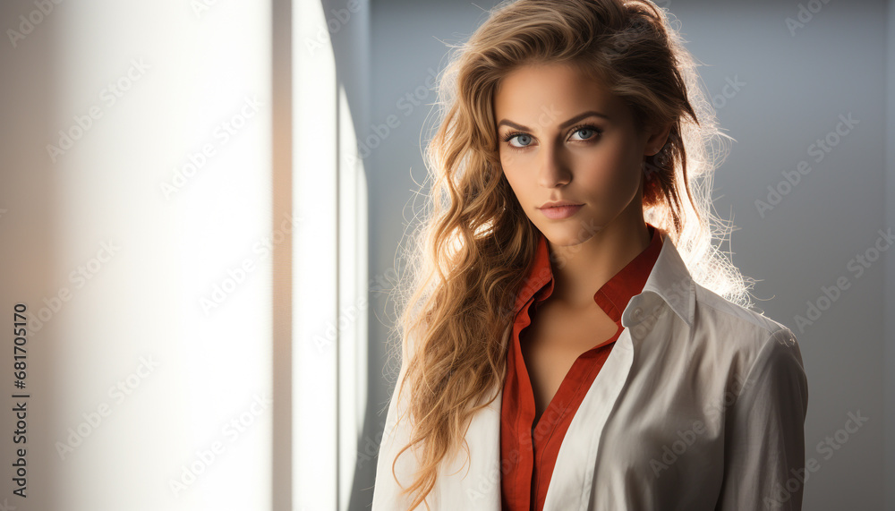 Beautiful woman with long brown hair looking confidently at camera generated by AI