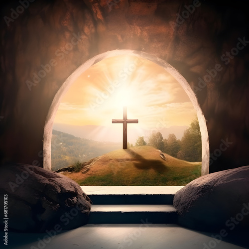 Resurrection Of Jesus Christ, Tomb Empty, Crucifixion At Sunrise