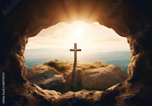 Empty tomb and cross on mountain at sunrise. Jesus resurrection