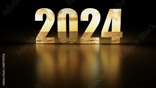 Happy New Year 2024 design with 3D illustration design. numbers with sunrise on the sea.3D render.
