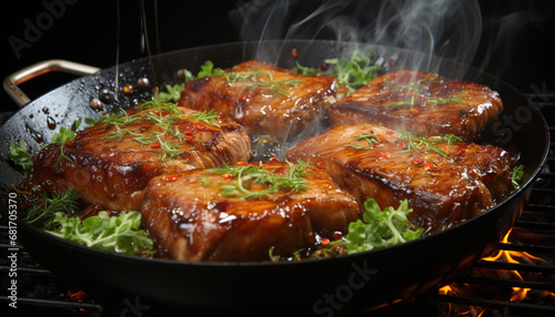 Grilled pork steak with fresh vegetables, cooked to perfection generated by AI