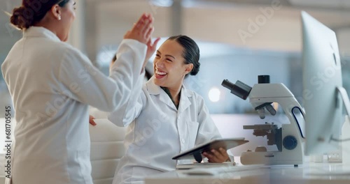 Teamwork, scientist or doctors high five for success, medicine breakthrough or partnership in lab. Science, collaboration or happy women celebrate medical support, goal target or DNA news with smile photo